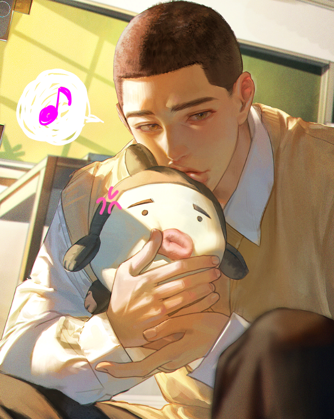 1boy, black_hair, black_pants, brown_eyes, collared_shirt, fukatsu_kazunari, holding, holding_stuffed_toy