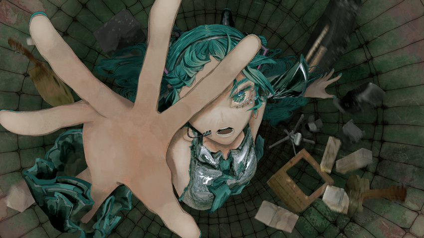 absurdres, blue_eyes, blue_hair, blue_nails, commentary, english_commentary, frills, hair_ornament