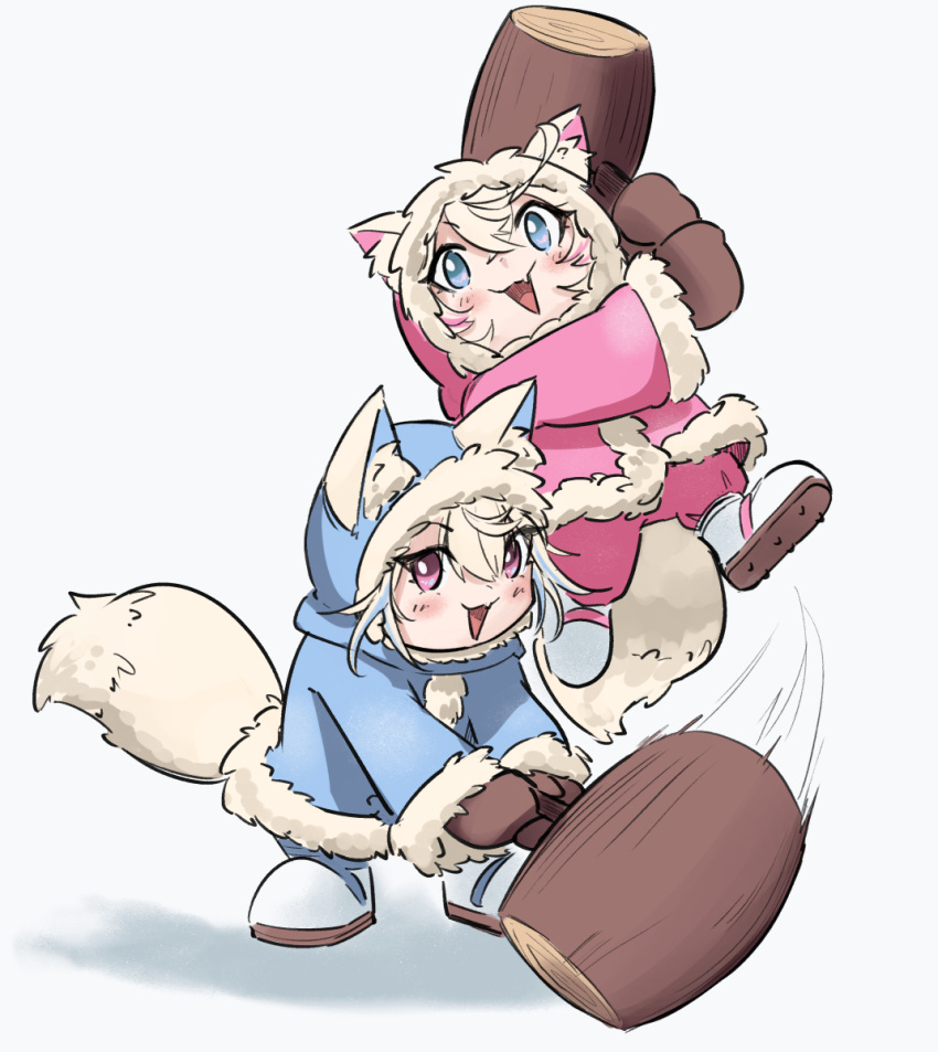 2girls, alohamikan, animal_ear_fluff, animal_ears, blonde_hair, blue_coat, blue_eyes, blue_hair