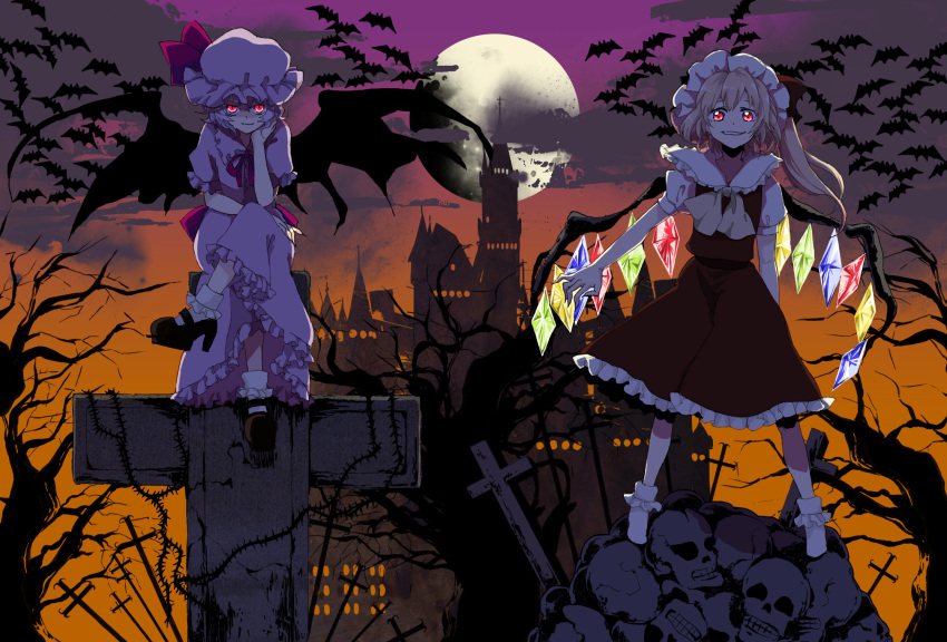 bat, bat_wings, blonde_hair, blue_hair, castle, cross, flandre_scarlet, hat