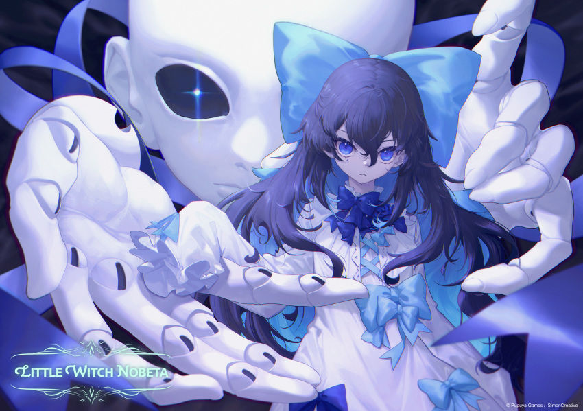 1girl, 1other, artist_request, black_hair, blue_eyes, bow, copyright_name, doll