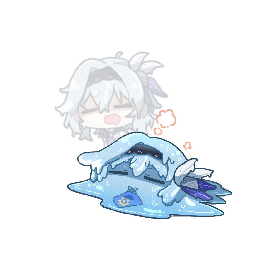 1girl, =_=, arikuigames1105, artist_name, black_hairband, blue_necktie, commentary, eula_(genshin_impact), genshin_impact, hair_ornament, hairband, heat_stroke, heavy_breathing, highres, melting, necktie, shaded_face, simple_background, slimification, solo, sweat, very_sweaty, white_background