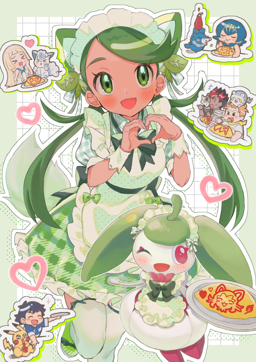 3boys, 3girls, :d, abe_(kumayu), alolan_marowak, alolan_vulpix, alternate_costume, apron
