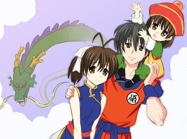 2girls, 4chan, antenna_hair, blue_eyes, blue_hair, brown_eyes, brown_hair, carrying