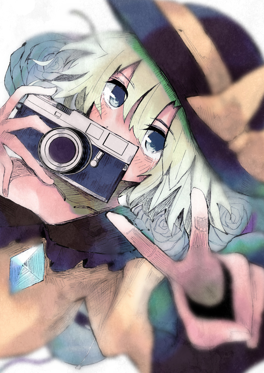 1girl, absurdres, black_headwear, blouse, blue_eyes, blurry, blurry_foreground, blush
