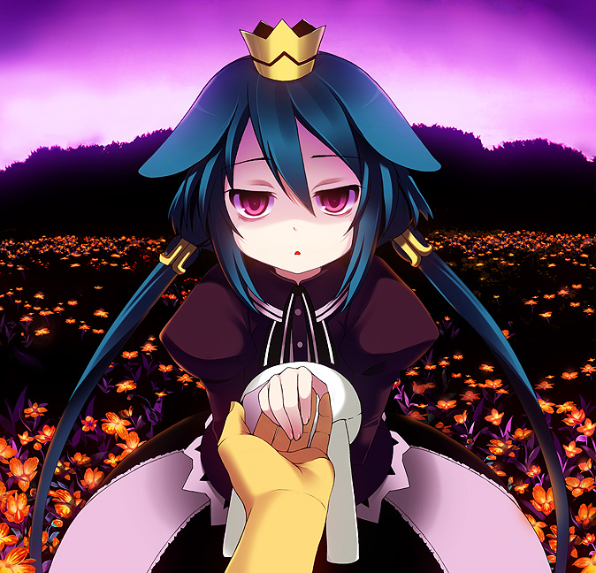 animal_ears, blue_hair, crown, flower, kyoku_tou, long_hair, princess_(7th_dragon), red_eyes