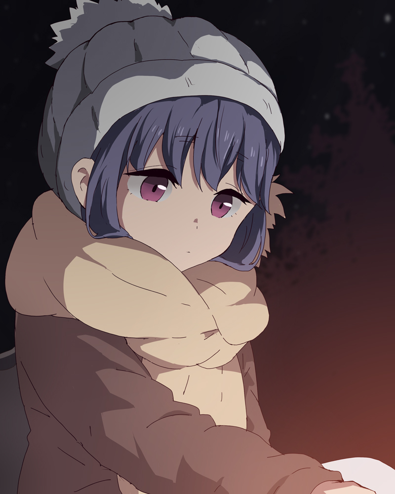 1girl, beanie, blue_headwear, brown_jacket, brown_scarf, closed_mouth, grey_headwear, hat