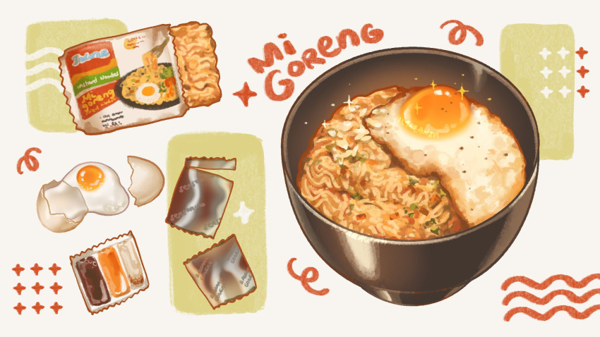 bowl, broken_egg, egg, egg_(food), eggshell, food, food_focus, garnish, highres, ilya_(ilyarawan), indomie_(brand), indonesian_commentary, indonesian_text, instant_ramen, mie_goreng, no_humans, noodles, original, sachet, simple_background, still_life, white_background