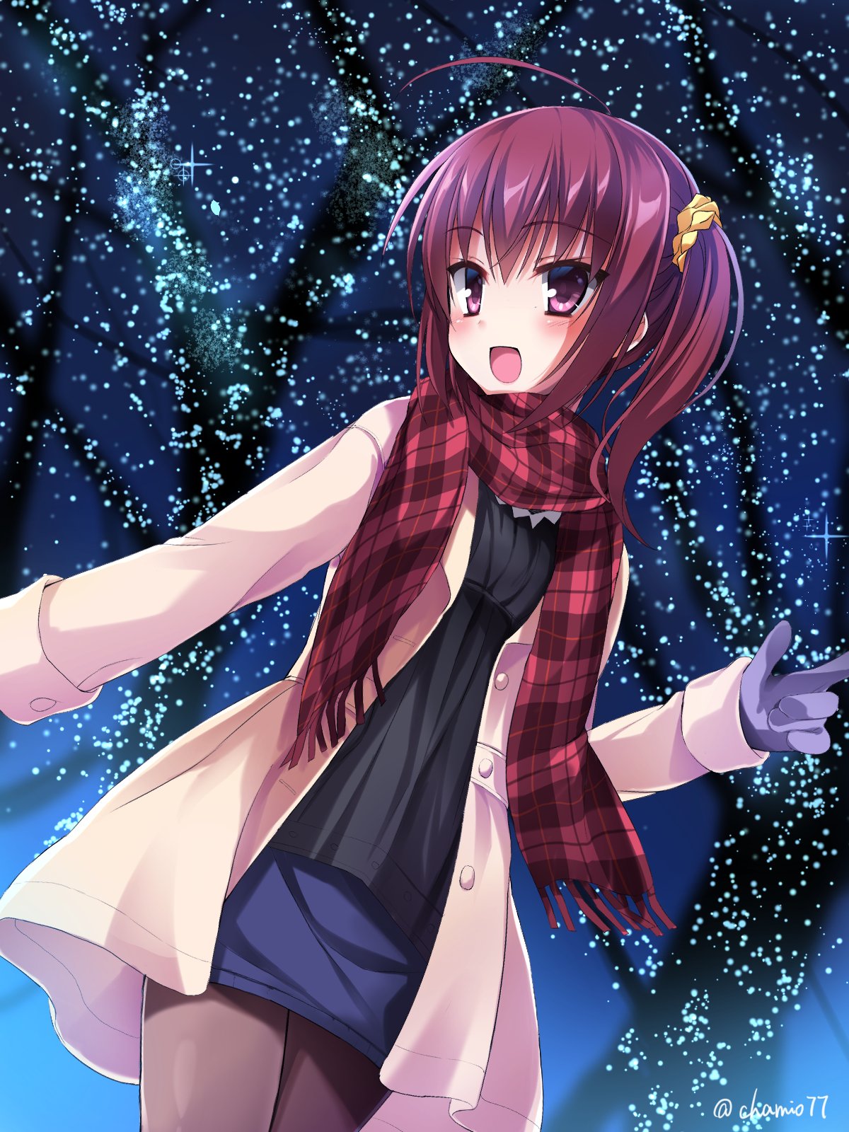 :d, ahoge, bare_tree, black_gloves, black_shirt, blue_skirt, blush, chaamii