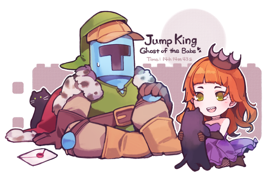 1boy, 1girl, armor, bare_shoulders, black_cat, blunt_bangs, boots, brown_footwear, brown_gloves, brown_hair, cape, cat, copyright_name, crown, dress, fishnet_pantyhose, fishnets, full_armor, ghost_babe_(jump_king), gloves, green_eyes, heart, humibun74, jump_king, jump_king_(character), letter, long_hair, open_mouth, outline, pantyhose, purple_dress, red_cape, shadow, sharp_teeth, smile, teeth, white_outline
