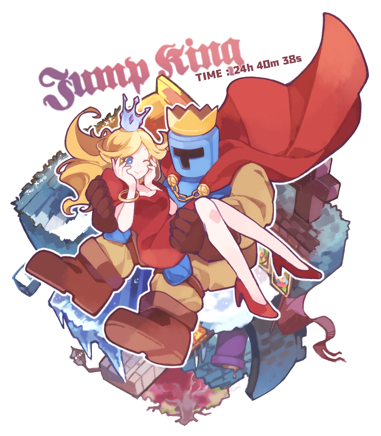 1boy, 1girl, armor, babe_(jump_king), blonde_hair, blue_eyes, boots, bracelet, brown_footwear, brown_gloves, cape, carrying, copyright_name, crown, dress, full_armor, gloves, high_heels, humibun74, jewelry, jump_king, jump_king_(character), long_hair, one_eye_closed, outline, princess_carry, red_cape, red_dress, red_footwear, short_sleeves, white_outline