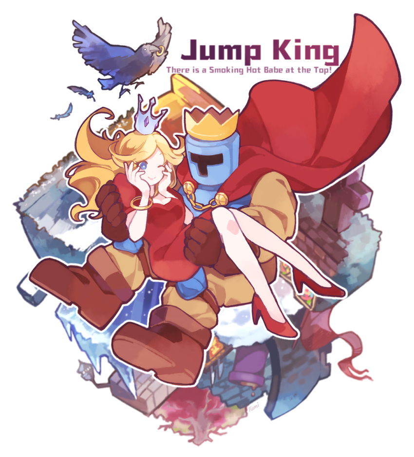 1boy, 1girl, armor, babe_(jump_king), bird, black_bird, blonde_hair, blue_eyes