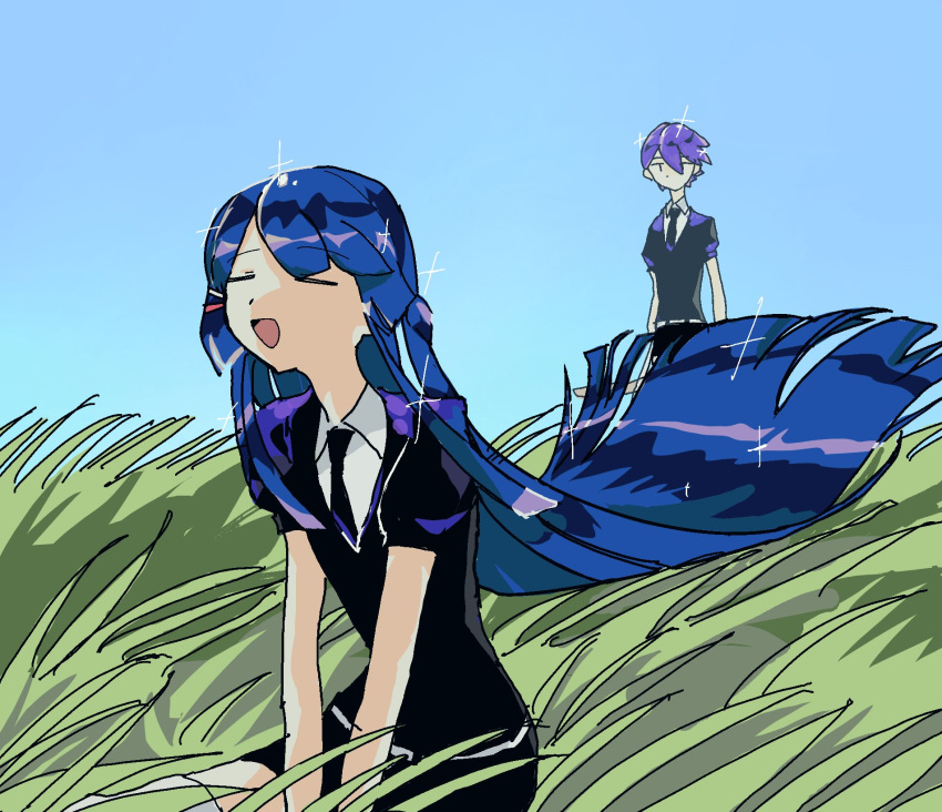 1boy, 1girl, =_=, arm_support, behind_another, belt, black_necktie, blue_hair, blue_sky, blunt_ends, collared_shirt, commentary_request, cosplay, crystal_hair, day, floating_hair, gem_uniform_(houseki_no_kuni), gwaaa_4649, hair_ornament, hairclip, half_updo, highres, hime_cut, houseki_no_kuni, jitome, kenmochi_touya, leaning_forward, long_hair, looking_at_another, necktie, nijisanji, on_grass, open_mouth, outdoors, parody, puffy_short_sleeves, puffy_sleeves, shirt, short_hair, short_sleeves, sidelocks, sitting, sky, smile, sparkle, standing, thigh-highs, tsukino_mito, v_arms, very_long_hair, virtual_youtuber, white_belt, white_shirt, white_thighhighs, wind