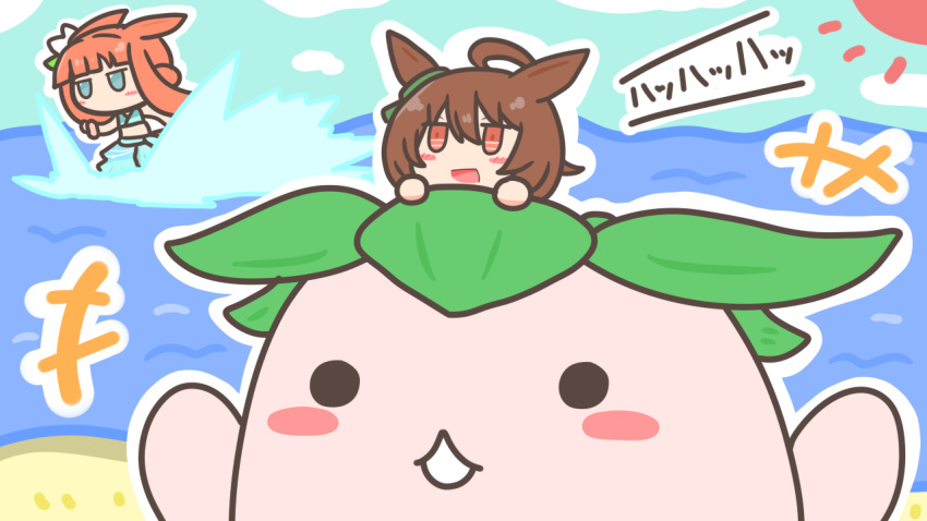 +++, 2girls, agnes_tachyon_(umamusume), ahoge, animal_ears, arms_up, beach, blunt_bangs