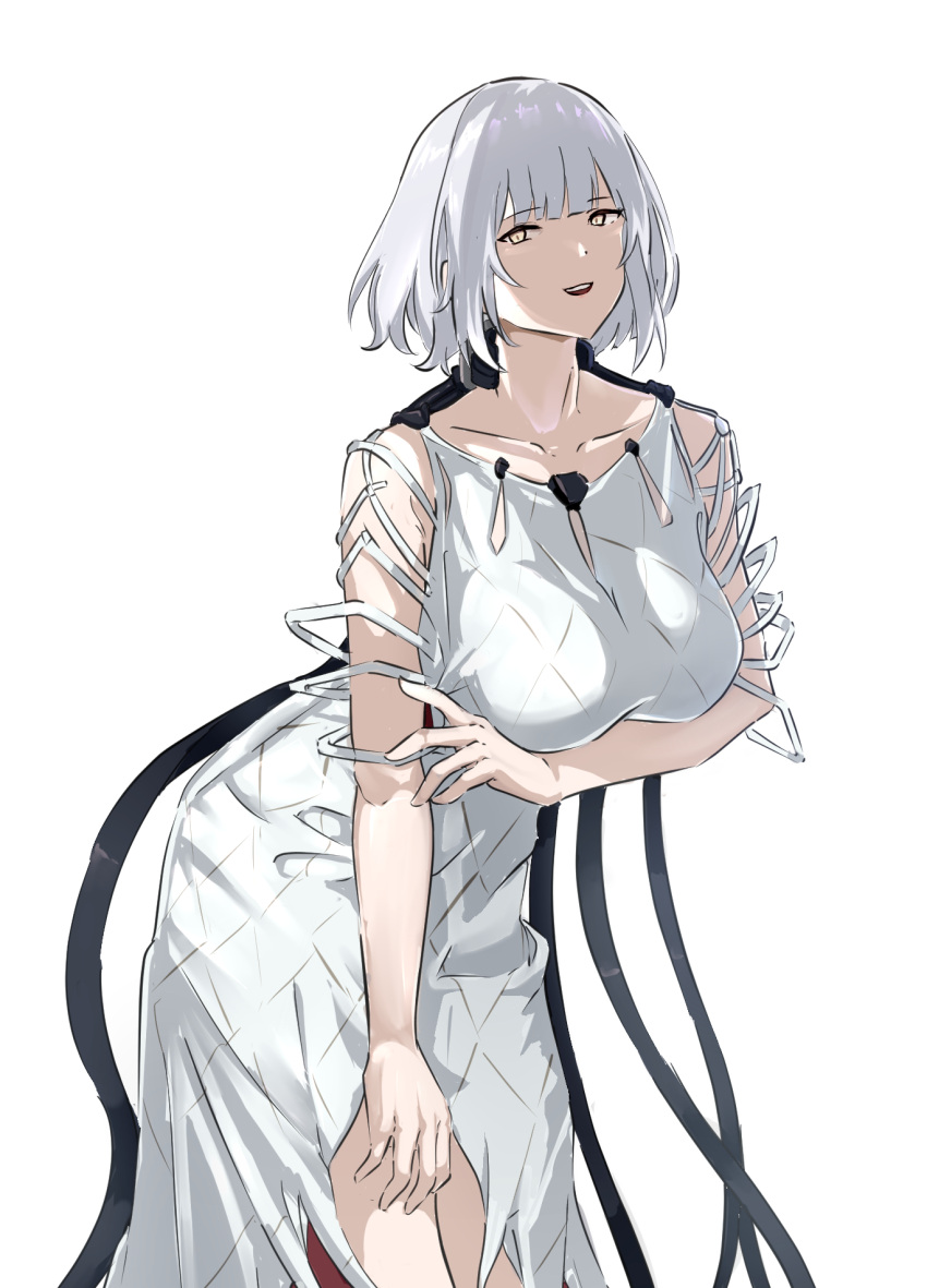 1girl, breasts, dress, feet_out_of_frame, girls_frontline, grey_dress, highres, large_breasts, leaning_forward, mutugorou_u, open_mouth, paradeus, rpk-16_(boss)_(girls'_frontline), rpk-16_(girls'_frontline), short_hair, simple_background, smile, solo, upper_body, white_background, yellow_eyes