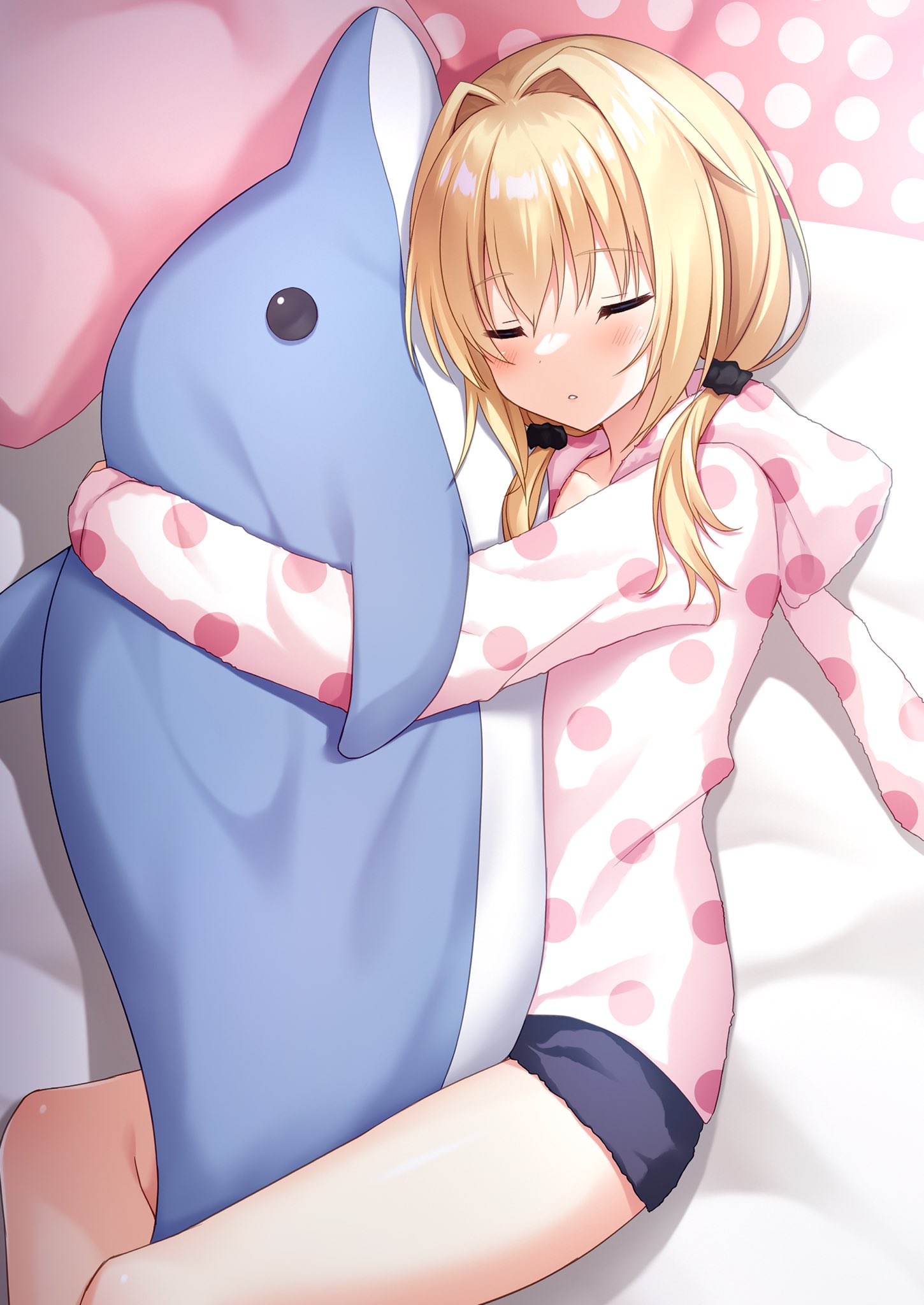 1girl, alternate_hairstyle, black_scrunchie, black_shorts, blonde_hair, blush, chitose_sana, closed_eyes