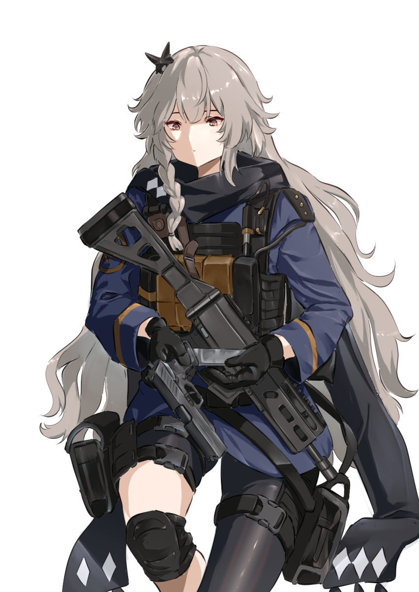 1girl, black_scarf, blue_jacket, closed_mouth, cowboy_shot, expressionless, girls_frontline, grey_background