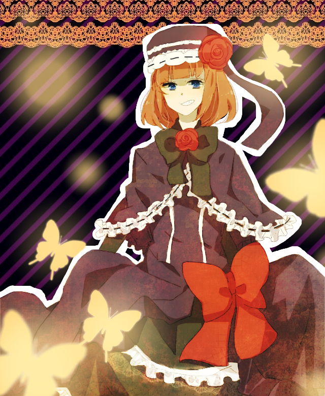 blue_eyes, bow, butterfly, dress, elbow_gloves, eva_beatrice, flower, gloves, grin, hat, lace, mayana_(mezameta), orange_hair, ribbon, rose, smile, solo, umineko_no_naku_koro_ni