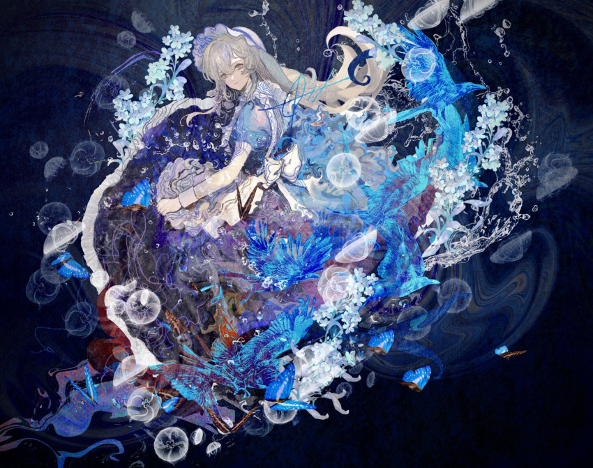 1girl, apron, bird, blue_bird, blue_butterfly, blue_dress, blue_flower, blue_leaf