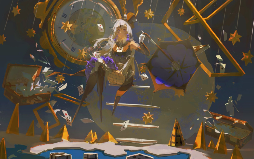 1girl, black_gloves, black_headwear, card, clock, closed_mouth, cylinder, earrings