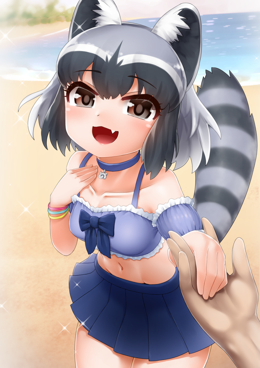 1girl, alternate_costume, animal_ear_fluff, animal_ears, beach, bikini, black_eyes, black_hair