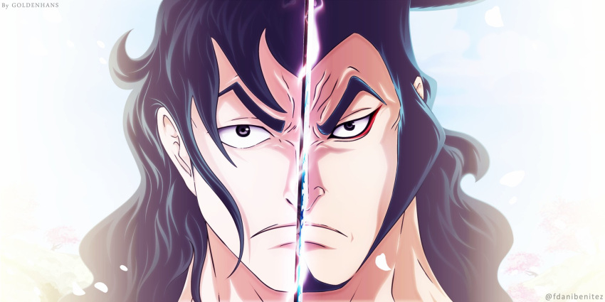 2boys, artist_name, black_eyes, black_hair, closed_mouth, eyeliner, facial_hair, family, father_and_son, goatee, goldenhans, highres, kouzuki_oden, long_hair, looking_at_viewer, makeup, male_focus, momonosuke_(one_piece), multiple_boys, one_piece, red_eyeliner, sideburns, twitter_username