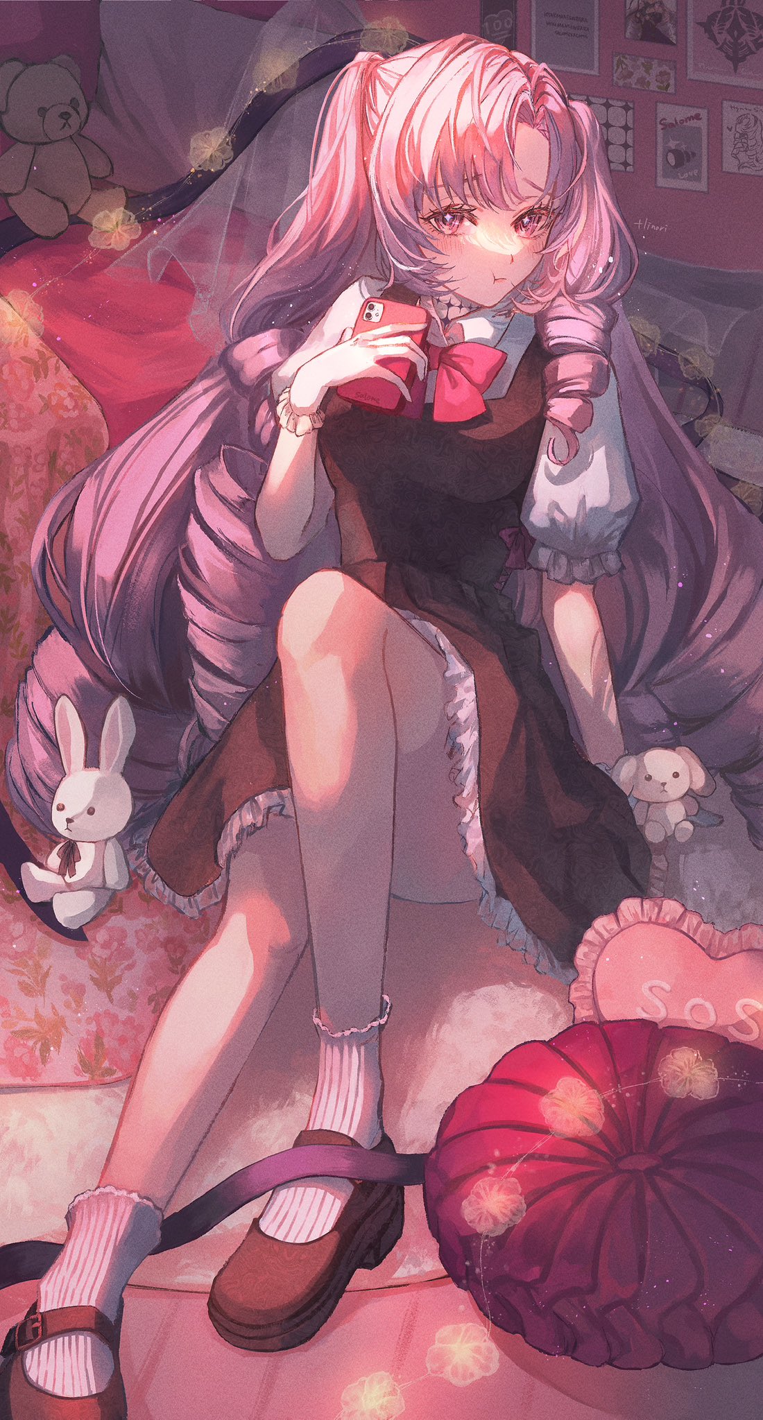 1girl, alternate_costume, bedroom, black_footwear, blush, bow, bowtie, cellphone