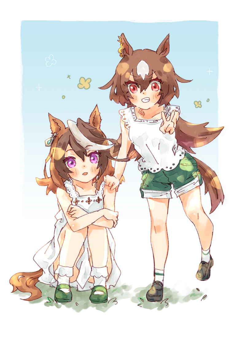 2girls, aged_down, animal_ears, bare_shoulders, black_footwear, blush, border, brown_hair