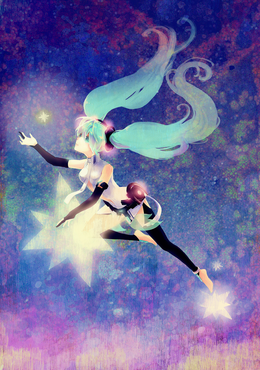 aqua_eyes, aqua_hair, barefoot, bridal_gauntlets, floating_hair, hatsune_miku, hatsune_miku_(append), highres