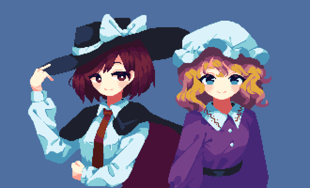 2girls, 4qw5, belt, black_cape, black_headwear, blonde_hair, blue_background, blue_eyes, blush, breasts, bright_pupils, brown_hair, buttons, cape, collared_dress, dress, fluffy, frilled_hat, frills, hand_on_headwear, hat, hat_ribbon, long_sleeves, looking_at_viewer, maribel_hearn, medium_hair, multiple_girls, necktie, pixel_art, purple_dress, red_necktie, ribbon, shirt, simple_background, sleeves_past_wrists, small_breasts, smile, touhou, usami_renko, white_headwear, white_pupils, white_ribbon, white_shirt