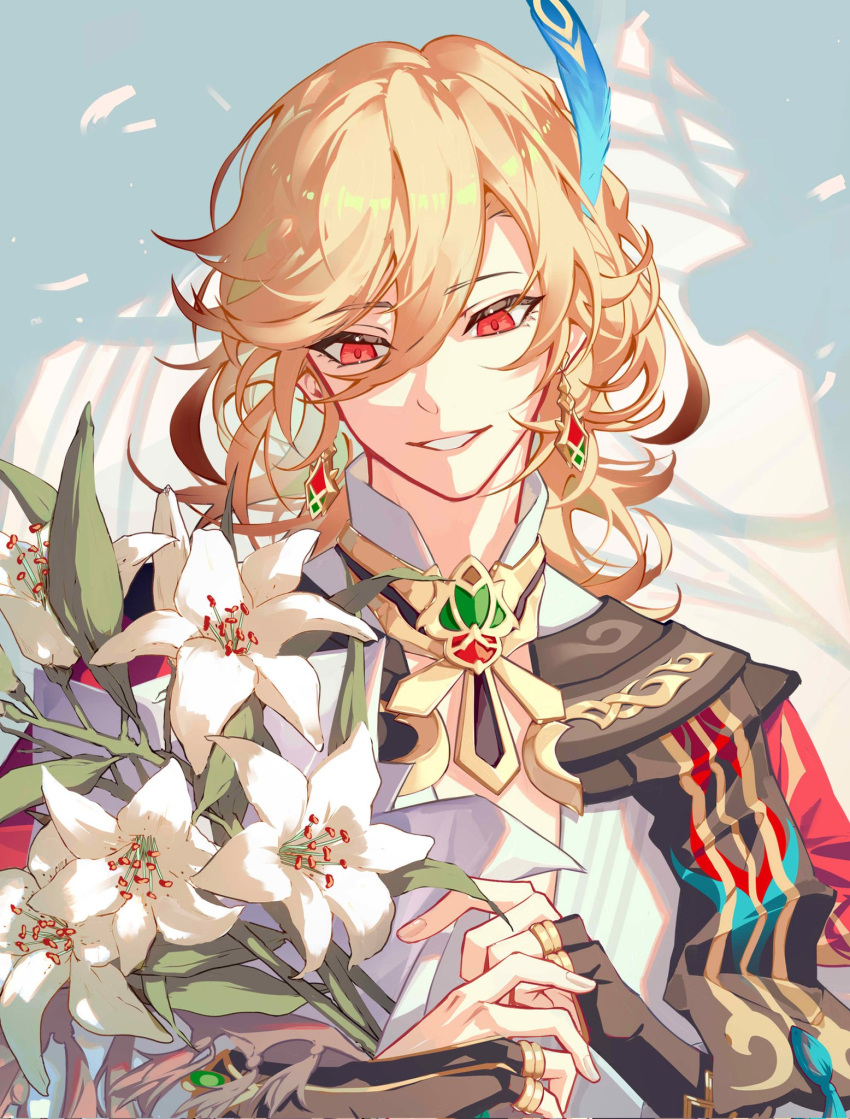 1boy, arabian_clothes, blonde_hair, bouquet, commentary, earrings, feather_hair_ornament, feathers