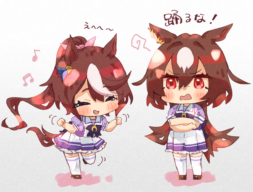 2girls, animal_ears, back_bow, beamed_eighth_notes, bow, brown_footwear, brown_hair, chibi