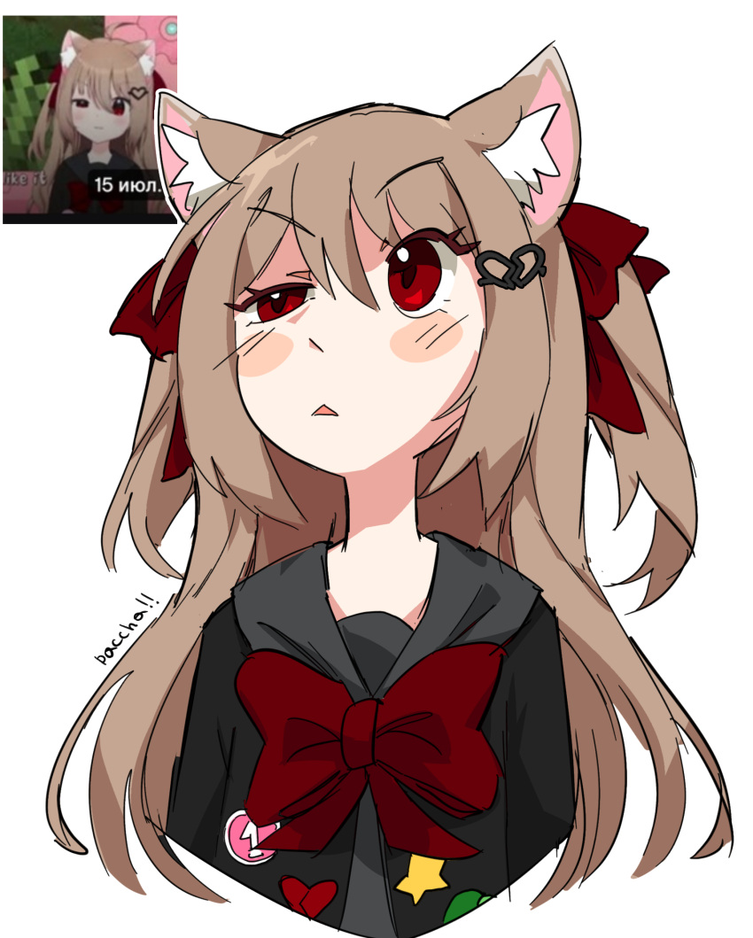 1girl, animal_ear_fluff, animal_ears, artist_name, badge, black_cardigan, blush_stickers, bow