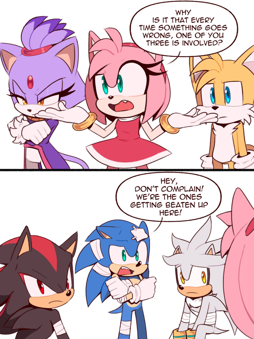2girls, 4boys, absurdres, amy_rose, blaze_the_cat, blue_eyes, bracelet, dress, green_eyes, highres, injury, jewelry, multiple_boys, multiple_girls, pink_eyes, red_dress, red_eyes, shadow_the_hedgehog, silver_the_hedgehog, sonic_(series), sonic_the_hedgehog, speech_bubble, tails_(sonic), toonsite, white_background