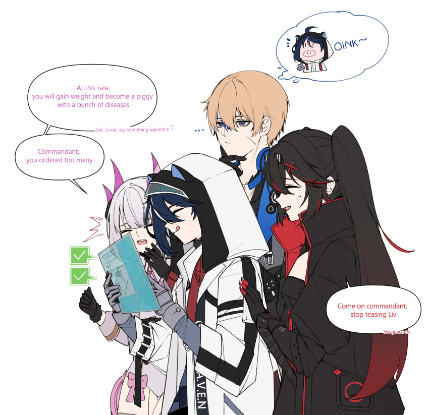 2boys, 2girls, absurdres, animal_ears, black_dress, black_gloves, black_hair, black_jacket