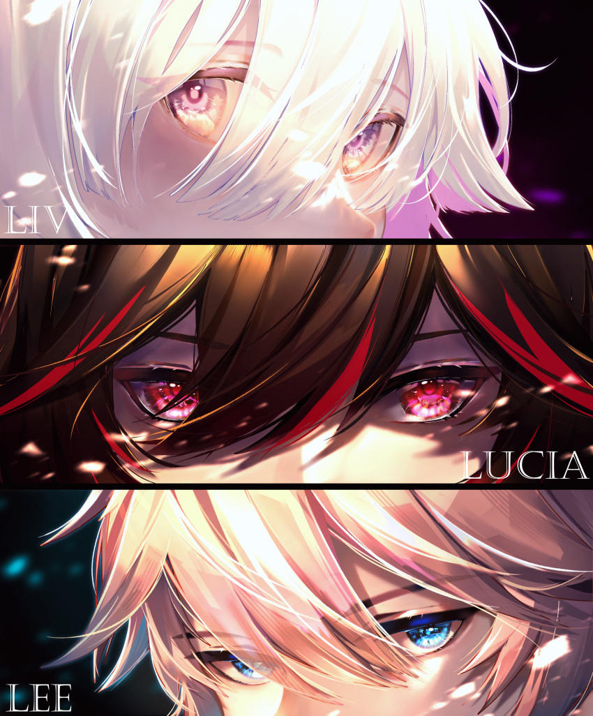 1boy, 2girls, absurdres, black_hair, blonde_hair, blue_eyes, character_name, dochi_ddoo