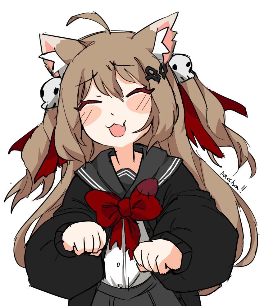 1girl, :3, :d, ahoge, animal_ear_fluff, animal_ears, artist_name, black_cardigan, blush_stickers, bow, bowtie, broken_heart_hair_ornament, cardigan, cat_ears, closed_eyes, dress_shirt, english_commentary, evil_neuro-sama, fang, grey_sailor_collar, grey_skirt, hair_ornament, hair_ribbon, hairclip, hands_up, heart, heart_hair_ornament, highres, indie_virtual_youtuber, light_brown_hair, long_hair, long_sleeves, neuro-sama, official_alternate_costume, open_cardigan, open_clothes, pasharuu, paw_pose, puffy_long_sleeves, puffy_sleeves, raised_eyebrows, red_bow, red_bowtie, red_ribbon, ribbon, sailor_collar, shirt, simple_background, skirt, skull_hair_ornament, smile, solo, torn_bowtie, two_side_up, upper_body, virtual_youtuber, white_background, white_shirt