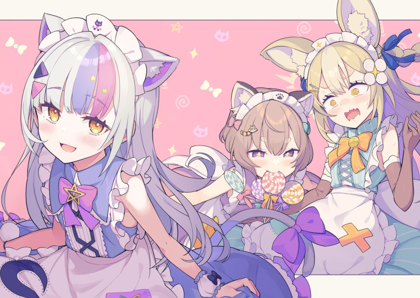 3girls, animal_ear_fluff, animal_ears, apron, arched_bangs, blush, brown_hair, frilled_apron