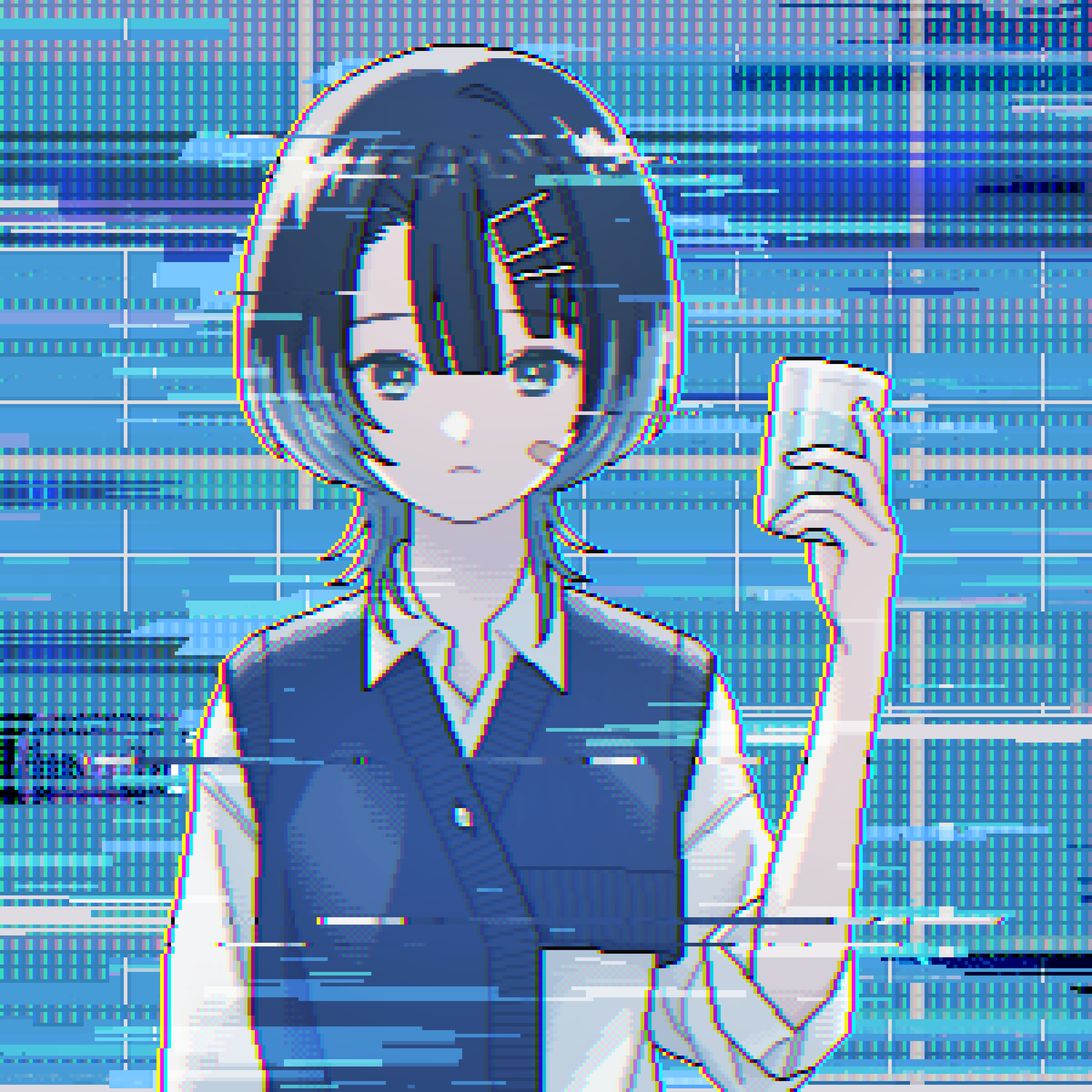 1girl, abstract_background, absurdres, bandaid, bandaid_on_cheek, bandaid_on_face, blue_background, blue_hair, blue_sweater_vest, blunt_bangs, chromatic_aberration, collared_shirt, colored_tips, commentary_request, cup, drinking_glass, expressionless, glitch, grey_eyes, hair_ornament, hairclip, hand_up, highres, holding, holding_cup, light_frown, looking_at_viewer, medium_hair, multicolored_hair, narume, official_art, pixel_art, popped_collar, shirt, sinsekai_studio, sleeves_rolled_up, soda, solo, sooda_(sinsekai), straight-on, sweater_vest, upper_body, virtual_youtuber, white_shirt