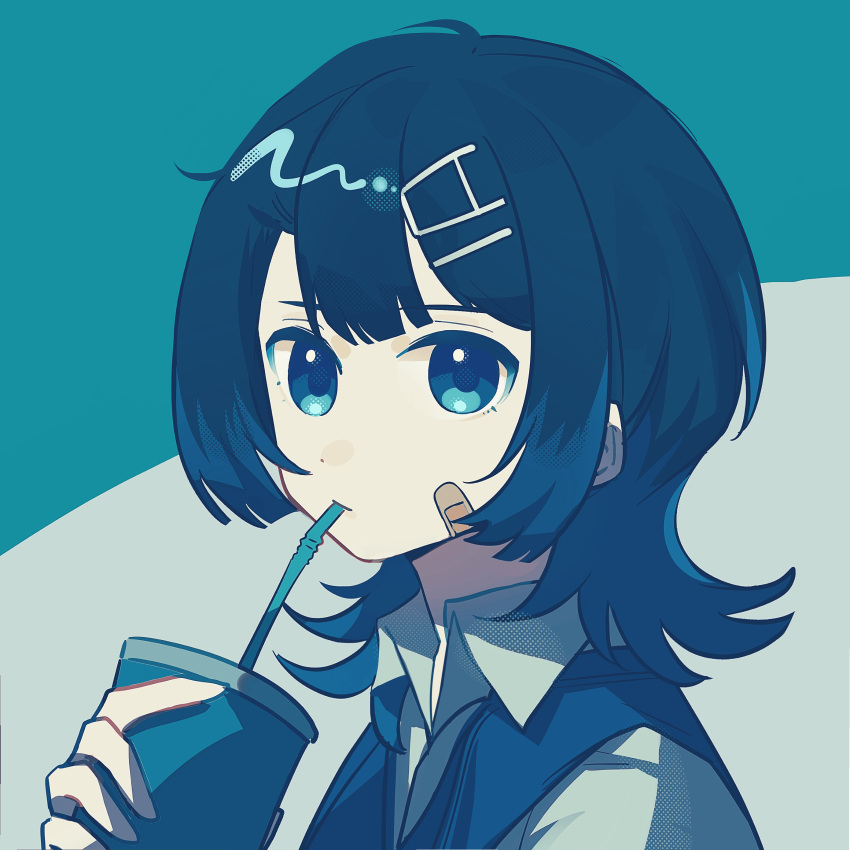 1girl, absurdres, bandaid, bandaid_on_cheek, bandaid_on_face, blue_background, blue_eyes, blue_hair