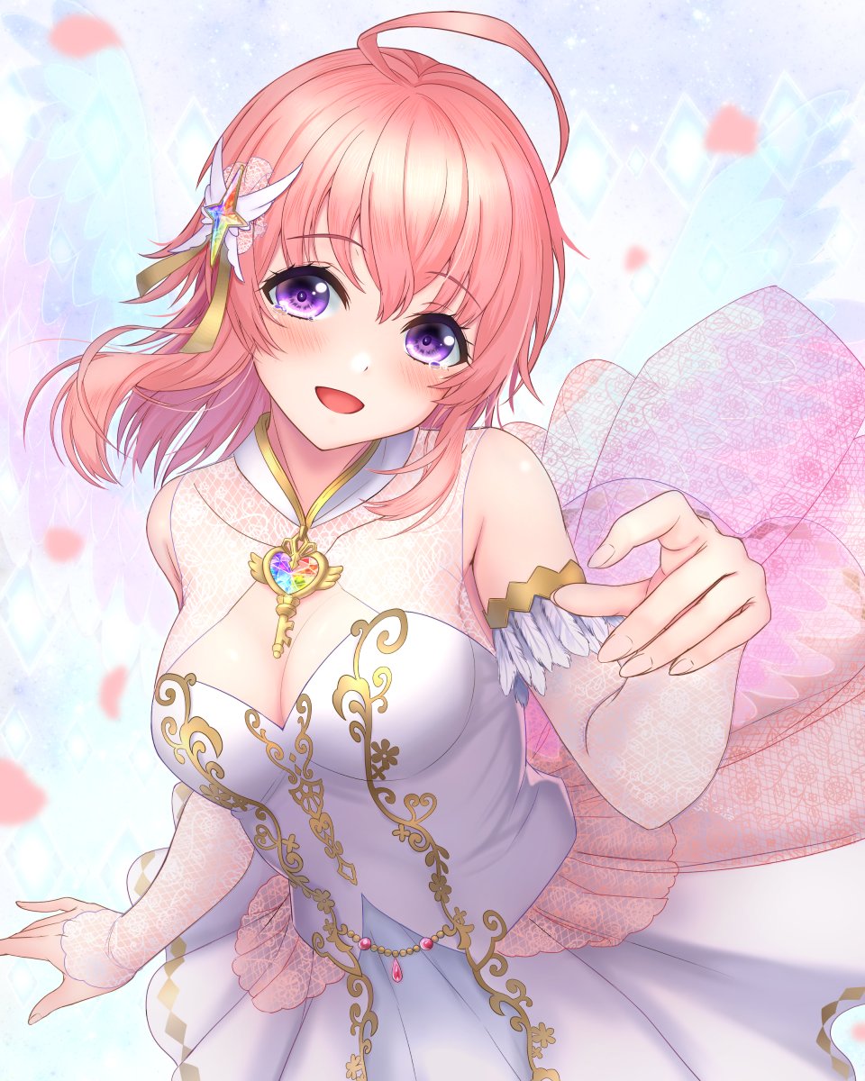 1girl, ahoge, bush, detached_sleeves, dress, highres, hozumiya_(hozumi8), medium_hair, open_mouth, pink_hair, project_tokyo_dolls, sakura_(project_tokyo_dolls), smile, solo, violet_eyes, white_dress