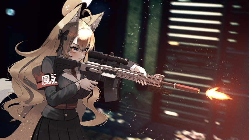 1girl, animal_ears, assault_rifle, black_jacket, black_skirt, blonde_hair, blue_archive, blue_eyes