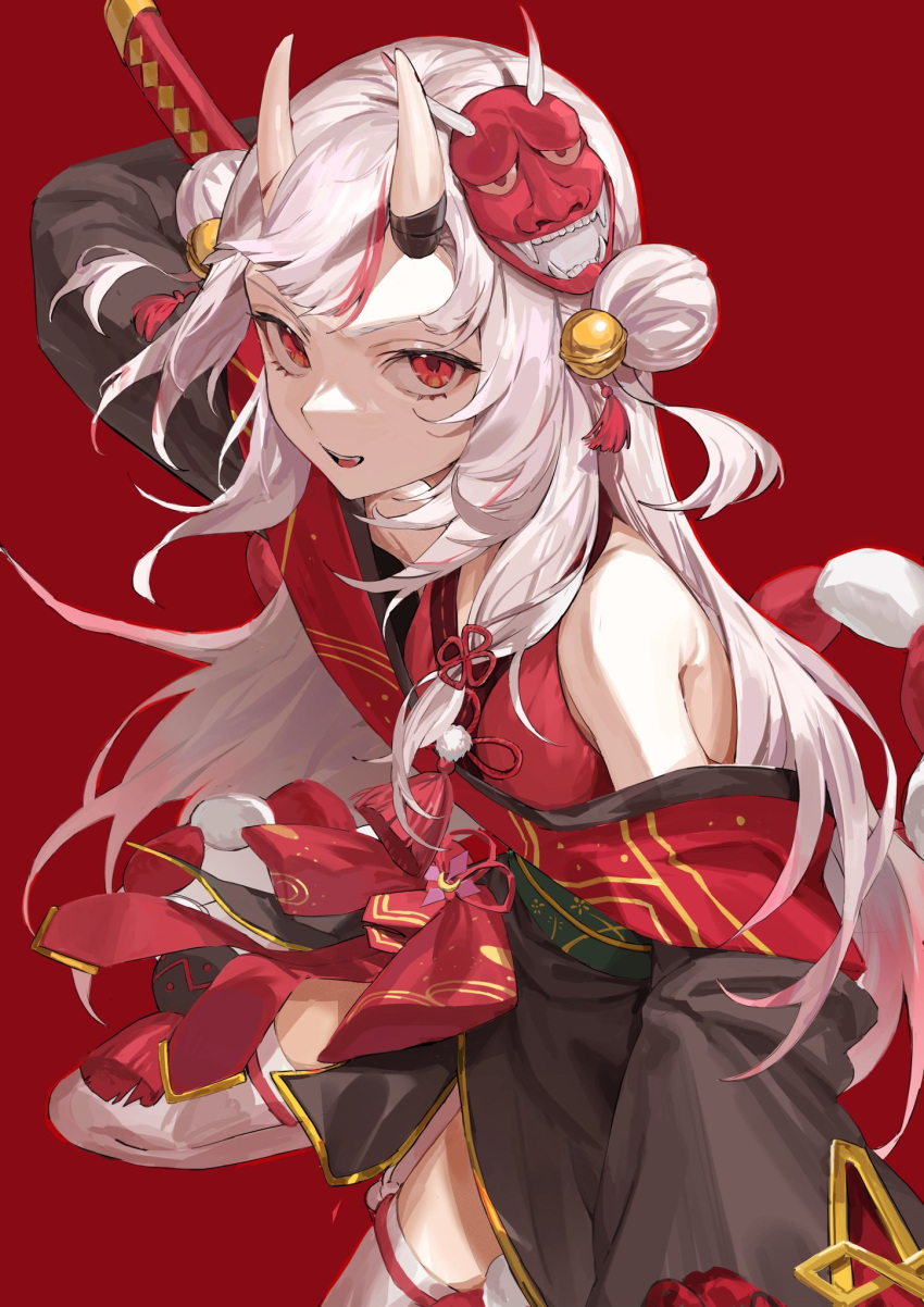 1girl, bell, black_kimono, commentary_request, double_bun, hair_bell, hair_bun, hair_ornament