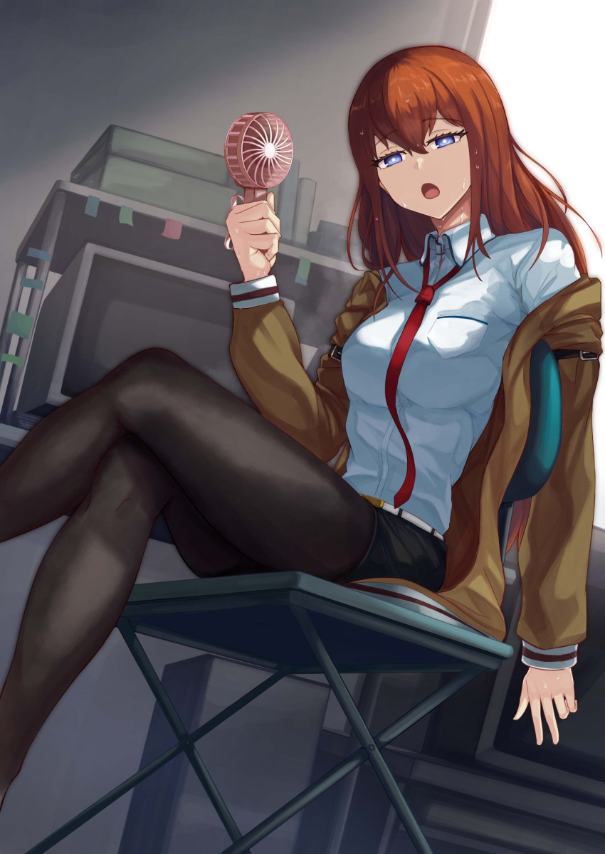 1girl, belt, black_pantyhose, black_shorts, blue_eyes, bright_pupils, brown_hair, brown_jacket, chair, collared_shirt, crossed_legs, hand_fan, highres, indoors, jacket, long_hair, looking_at_viewer, makise_kurisu, mononoke_(pixiv53597254), necktie, open_clothes, open_jacket, open_mouth, pantyhose, pantyhose_under_shorts, red_necktie, shirt, shorts, sitting, solo, steins;gate, sweat, white_belt, white_shirt
