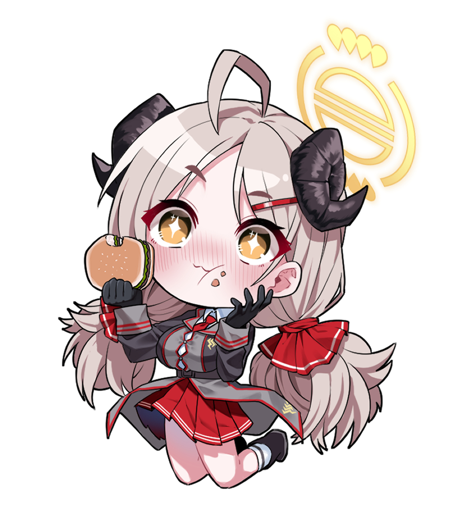 1girl, ahoge, b.t._(boob_tong), black_horns, blue_archive, breasts, burger, chibi