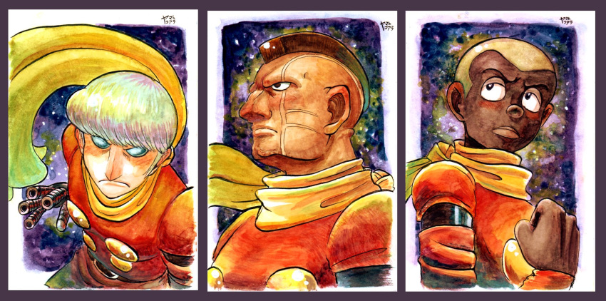 3boys, albert_heinrich, artificial_eye, belt, belt_buckle, black_belt, black_skin, blonde_hair