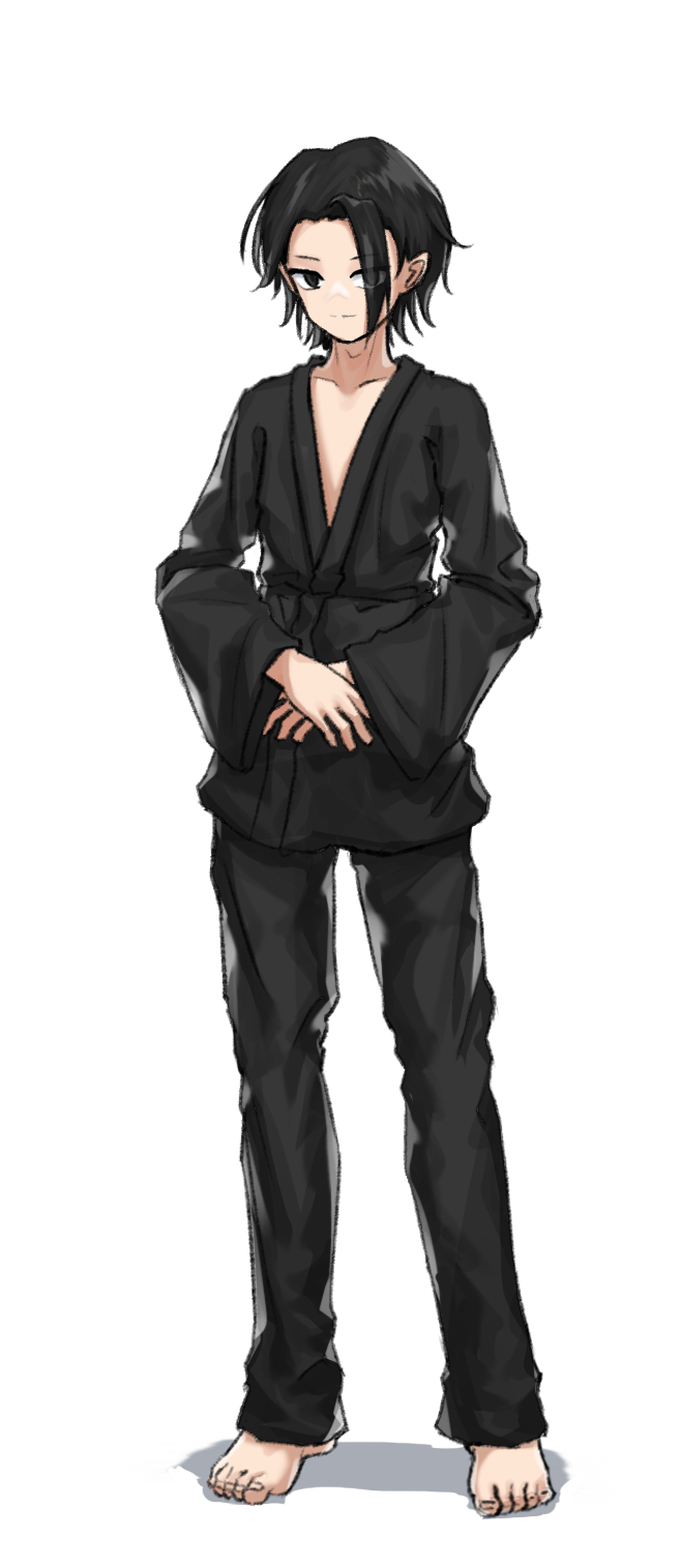 1boy, barefoot, black_eyes, black_hair, black_pants, black_shirt, closed_mouth, commentary_request