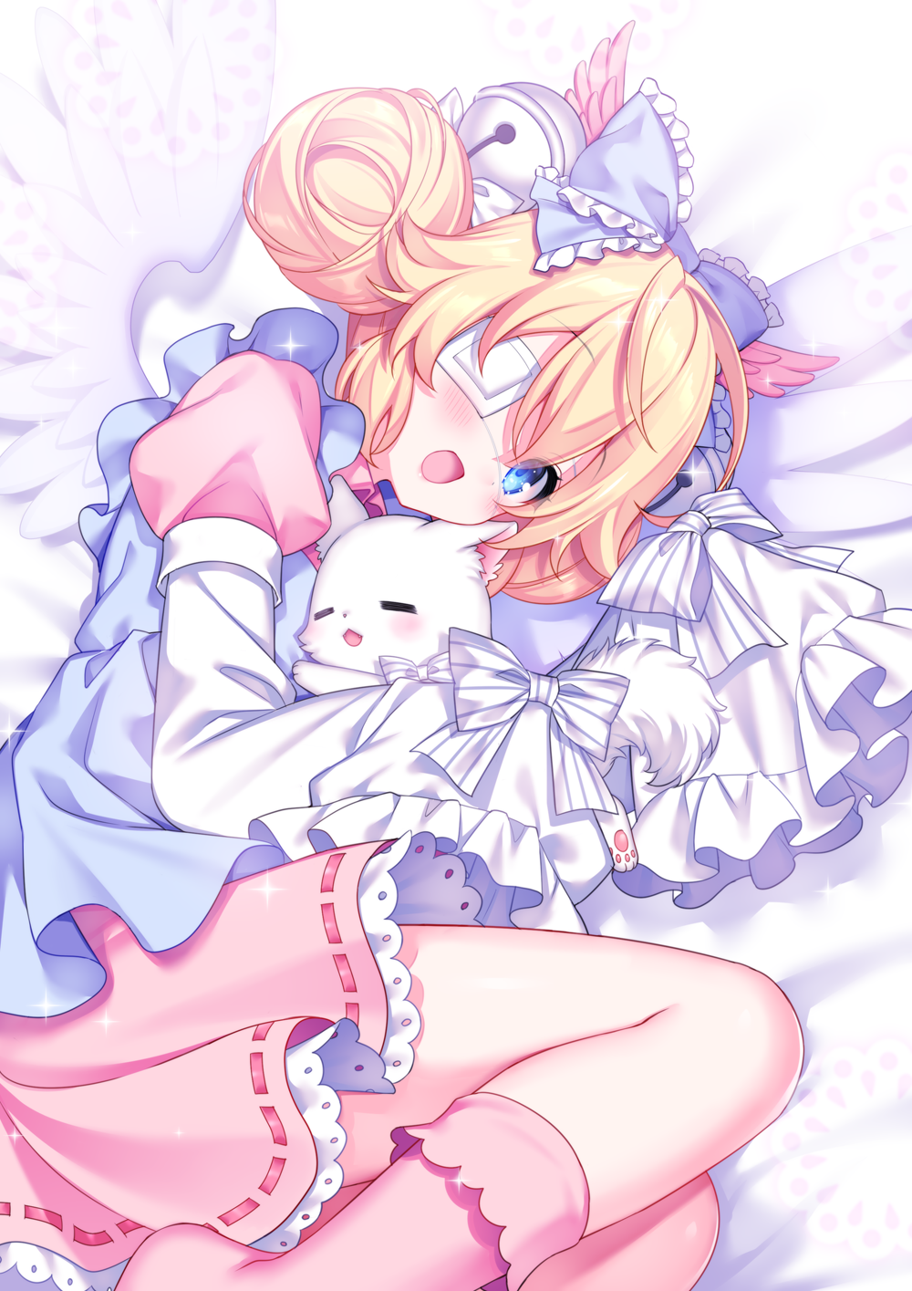 1girl, :d, animal, apron, bed_sheet, bell, blonde_hair, blue_apron