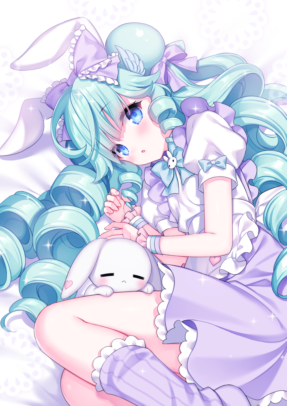 1girl, :o, animal, animal_ears, apron, bed_sheet, blue_bow, blue_eyes