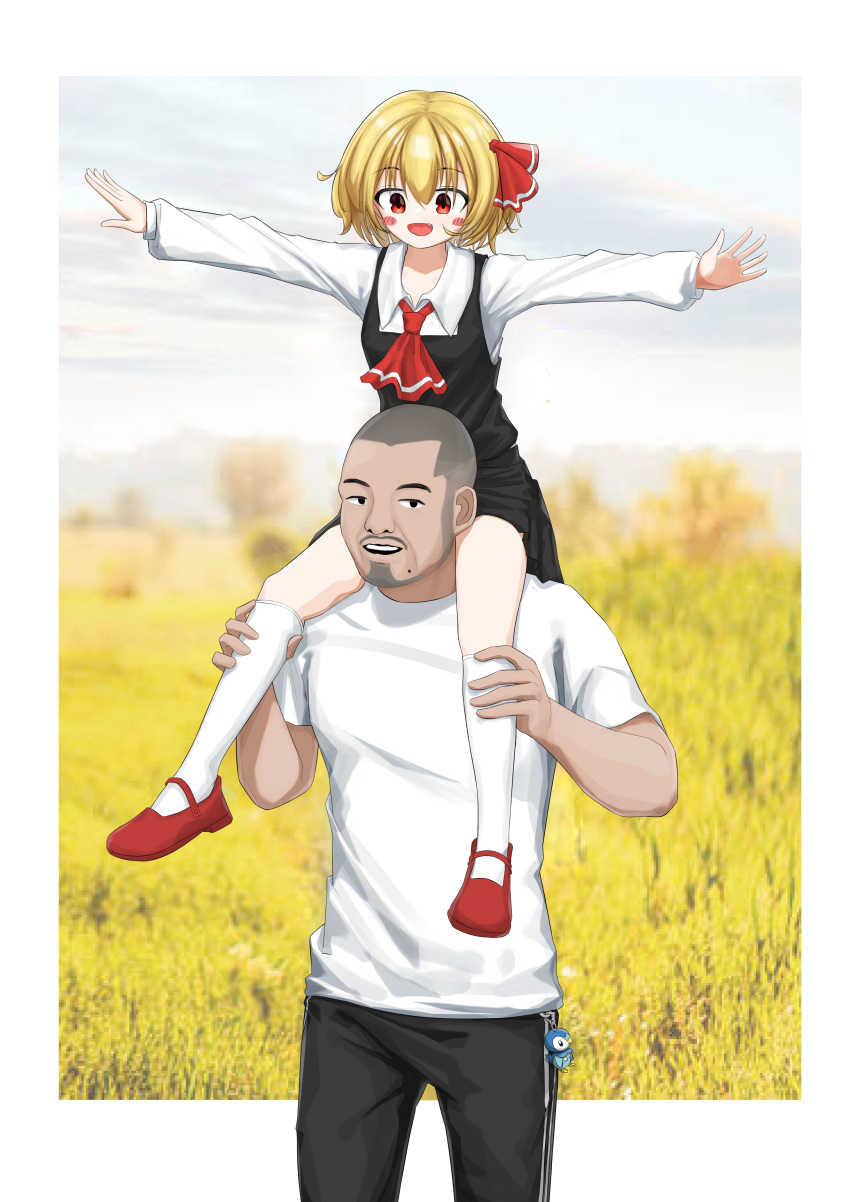 1boy, 1girl, absurdres, black_pants, black_skirt, black_vest, blonde_hair, blush